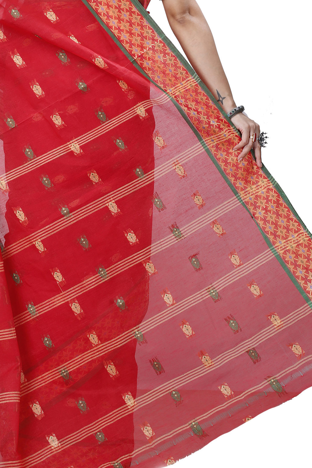 Red Pure Cotton Reese Tant Saree (967)